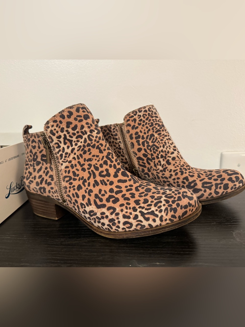 Lucky Brand Leopard Print Ankle Booties in Tan and Black